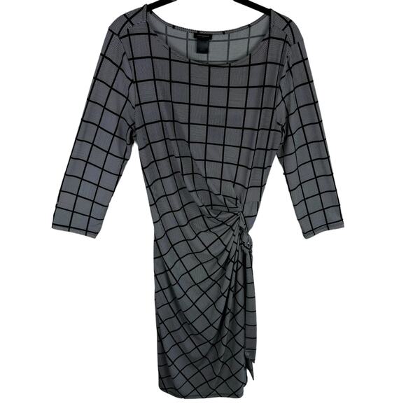 Ann Taylor Checkered 3/4 Sleeve Faux Wrap Ruched Jersey Knit Knee Length Dress M - Picture 1 of 6